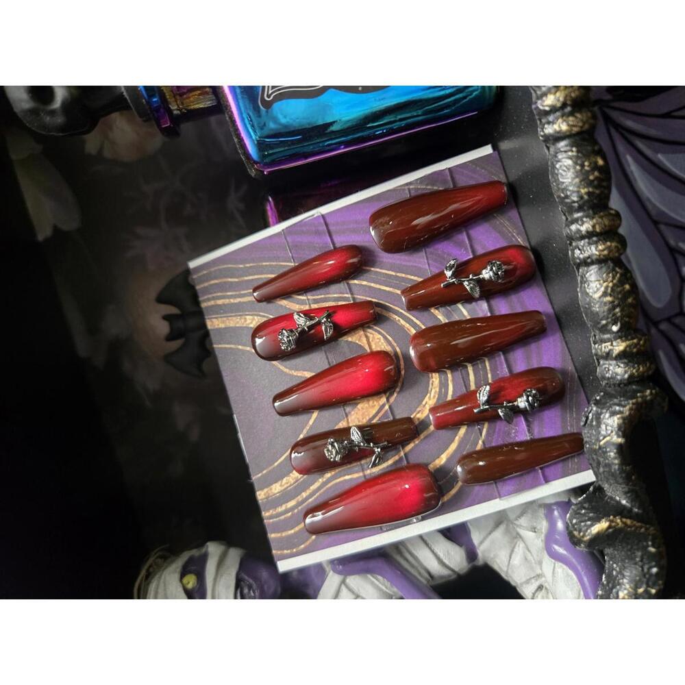 Vampy red cat eye and rose charm nails custom made